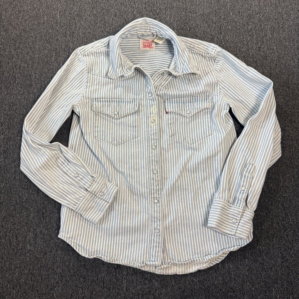 Vintage Y2k Levi Strauss Blue White Pinstripe Relaxed Longsleeve Denim Top Xs